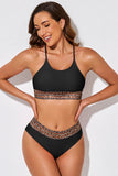 LC433542-2-S, LC433542-2-M, LC433542-2-L, LC433542-2-XL, LC433542-2-XS, Black Leopard Mesh Trim 2pcs Bikini Swimsuit