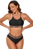 LC433542-2-S, LC433542-2-M, LC433542-2-L, LC433542-2-XL, LC433542-2-XS, Black Leopard Mesh Trim 2pcs Bikini Swimsuit