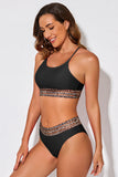 LC433542-2-S, LC433542-2-M, LC433542-2-L, LC433542-2-XL, LC433542-2-XS, Black Leopard Mesh Trim 2pcs Bikini Swimsuit