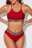 LC433542-3-S, LC433542-3-M, LC433542-3-L, LC433542-3-XL, LC433542-3-XS, Red Leopard Mesh Trim 2pcs Bikini Swimsuit