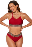 LC433542-3-S, LC433542-3-M, LC433542-3-L, LC433542-3-XL, LC433542-3-XS, Red Leopard Mesh Trim 2pcs Bikini Swimsuit