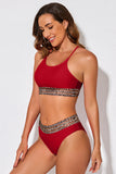 LC433542-3-S, LC433542-3-M, LC433542-3-L, LC433542-3-XL, LC433542-3-XS, Red Leopard Mesh Trim 2pcs Bikini Swimsuit