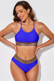 LC433542-5-S, LC433542-5-M, LC433542-5-L, LC433542-5-XL, LC433542-5-XS, Blue Leopard Mesh Trim 2pcs Bikini Swimsuit