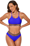 LC433542-5-S, LC433542-5-M, LC433542-5-L, LC433542-5-XL, LC433542-5-XS, Blue Leopard Mesh Trim 2pcs Bikini Swimsuit