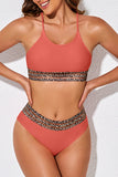 LC433542-14-S, LC433542-14-M, LC433542-14-L, LC433542-14-XL, LC433542-14-XS, Orange Leopard Mesh Trim 2pcs Bikini Swimsuit