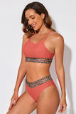 LC433542-14-S, LC433542-14-M, LC433542-14-L, LC433542-14-XL, LC433542-14-XS, Orange Leopard Mesh Trim 2pcs Bikini Swimsuit