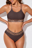 LC433542-17-S, LC433542-17-M, LC433542-17-L, LC433542-17-XL, LC433542-17-XS, Brown Leopard Mesh Trim 2pcs Bikini Swimsuit