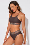 LC433542-17-S, LC433542-17-M, LC433542-17-L, LC433542-17-XL, LC433542-17-XS, Brown Leopard Mesh Trim 2pcs Bikini Swimsuit