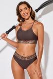 LC433542-17-S, LC433542-17-M, LC433542-17-L, LC433542-17-XL, LC433542-17-XS, Brown Leopard Mesh Trim 2pcs Bikini Swimsuit