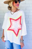 LC25224353-P1-S, LC25224353-P1-M, LC25224353-P1-L, LC25224353-P1-XL, White Colorblock Star Patched Half Sleeve Oversized Tee