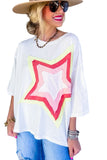 LC25224353-P1-S, LC25224353-P1-M, LC25224353-P1-L, LC25224353-P1-XL, White Colorblock Star Patched Half Sleeve Oversized Tee