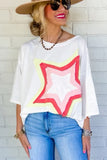 LC25224353-P1-S, LC25224353-P1-M, LC25224353-P1-L, LC25224353-P1-XL, White Colorblock Star Patched Half Sleeve Oversized Tee