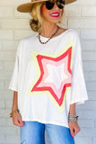 LC25224353-P1-S, LC25224353-P1-M, LC25224353-P1-L, LC25224353-P1-XL, White Colorblock Star Patched Half Sleeve Oversized Tee