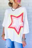 LC25224353-P1-S, LC25224353-P1-M, LC25224353-P1-L, LC25224353-P1-XL, White Colorblock Star Patched Half Sleeve Oversized Tee