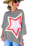 LC25224353-P11-S, LC25224353-P11-M, LC25224353-P11-L, LC25224353-P11-XL, Gray Colorblock Star Patched Half Sleeve Oversized Tee