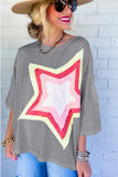 LC25224353-P11-S, LC25224353-P11-M, LC25224353-P11-L, LC25224353-P11-XL, Gray Colorblock Star Patched Half Sleeve Oversized Tee