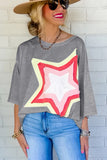 LC25224353-P11-S, LC25224353-P11-M, LC25224353-P11-L, LC25224353-P11-XL, Gray Colorblock Star Patched Half Sleeve Oversized Tee