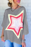 LC25224353-P11-S, LC25224353-P11-M, LC25224353-P11-L, LC25224353-P11-XL, Gray Colorblock Star Patched Half Sleeve Oversized Tee