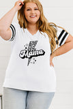 PL252767-1-1X, PL252767-1-2X, PL252767-1-3X, White Leopard Bolt Mama Varsity Striped Sleeve Plus V Neck Tee