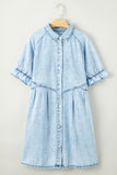 LC786546-P804-S, LC786546-P804-M, LC786546-P804-L, LC786546-P804-XL, Beau Blue Mineral Wash Ruffled Short Sleeve Buttoned Denim Dress