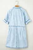 LC786546-P804-S, LC786546-P804-M, LC786546-P804-L, LC786546-P804-XL, Beau Blue Mineral Wash Ruffled Short Sleeve Buttoned Denim Dress