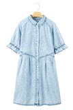 LC786546-P804-S, LC786546-P804-M, LC786546-P804-L, LC786546-P804-XL, Beau Blue Mineral Wash Ruffled Short Sleeve Buttoned Denim Dress