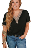 PL25118904-P2-1X, PL25118904-P2-2X, PL25118904-P2-3X, Black Lace Trim Short Sleeve V Neck Plus Size Top