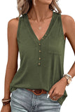 LC25611484-P609-S, LC25611484-P609-M, LC25611484-P609-XL, LC25611484-P609-L, Jungle Green Half Button V Neck Patched Pocket Tank Top