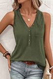 LC25611484-P609-S, LC25611484-P609-M, LC25611484-P609-XL, LC25611484-P609-L, Jungle Green Half Button V Neck Patched Pocket Tank Top