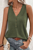 LC25611484-P609-S, LC25611484-P609-M, LC25611484-P609-XL, LC25611484-P609-L, Jungle Green Half Button V Neck Patched Pocket Tank Top