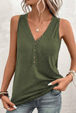 LC25611484-P609-S, LC25611484-P609-M, LC25611484-P609-XL, LC25611484-P609-L, Jungle Green Half Button V Neck Patched Pocket Tank Top