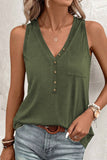 LC25611484-P609-S, LC25611484-P609-M, LC25611484-P609-XL, LC25611484-P609-L, Jungle Green Half Button V Neck Patched Pocket Tank Top