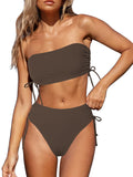 Women's 2 Piece Bikini Sets Ribbed Bandeau Ruched Drawstring Swimsuit Bathing Suit