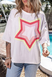 LC25224353-P1-S, LC25224353-P1-M, LC25224353-P1-L, LC25224353-P1-XL, White Colorblock Star Patched Half Sleeve Oversized Tee