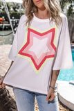 LC25224353-P1-S, LC25224353-P1-M, LC25224353-P1-L, LC25224353-P1-XL, White Colorblock Star Patched Half Sleeve Oversized Tee