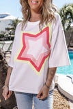 LC25224353-P1-S, LC25224353-P1-M, LC25224353-P1-L, LC25224353-P1-XL, White Colorblock Star Patched Half Sleeve Oversized Tee