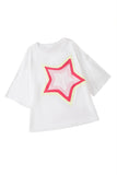 LC25224353-P1-S, LC25224353-P1-M, LC25224353-P1-L, LC25224353-P1-XL, White Colorblock Star Patched Half Sleeve Oversized Tee