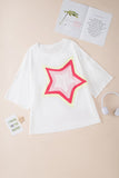 LC25224353-P1-S, LC25224353-P1-M, LC25224353-P1-L, LC25224353-P1-XL, White Colorblock Star Patched Half Sleeve Oversized Tee