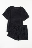 LC625733-P2-S, LC625733-P2-M, LC625733-P2-L, LC625733-P2-XL, Black Frill Textured Short Sleeve Top and Drawstring Shorts Set