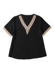 PL25118904-P2-1X, PL25118904-P2-2X, PL25118904-P2-3X, Black Lace Trim Short Sleeve V Neck Plus Size Top