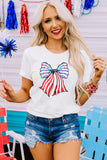 LC25225559-1-S, LC25225559-1-M, LC25225559-1-L, LC25225559-1-XL, LC25225559-1-2XL, White Stripes and Stars Bowknot Print T Shirt