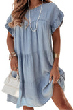 LC786642-P804-S, LC786642-P804-M, LC786642-P804-L, LC786642-P804-XL, Beau Blue Ruffle Short Sleeve Tiered A-line Denim Dress