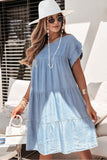 LC786642-P804-S, LC786642-P804-M, LC786642-P804-L, LC786642-P804-XL, Beau Blue Ruffle Short Sleeve Tiered A-line Denim Dress