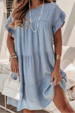 LC786642-P804-S, LC786642-P804-M, LC786642-P804-L, LC786642-P804-XL, Beau Blue Ruffle Short Sleeve Tiered A-line Denim Dress