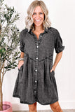 LC786546-P3011-S, LC786546-P3011-M, LC786546-P3011-L, LC786546-P3011-XL, Medium Grey Mineral Wash Ruffled Short Sleeve Buttoned Denim Dress