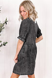 LC786546-P3011-S, LC786546-P3011-M, LC786546-P3011-L, LC786546-P3011-XL, Medium Grey Mineral Wash Ruffled Short Sleeve Buttoned Denim Dress