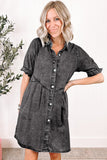 LC786546-P3011-S, LC786546-P3011-M, LC786546-P3011-L, LC786546-P3011-XL, Medium Grey Mineral Wash Ruffled Short Sleeve Buttoned Denim Dress