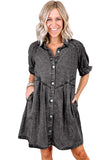 LC786546-P3011-S, LC786546-P3011-M, LC786546-P3011-L, LC786546-P3011-XL, Medium Grey Mineral Wash Ruffled Short Sleeve Buttoned Denim Dress