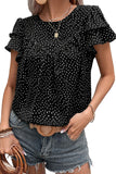 Women Dotted Ruffle Sleeve Crew Neck Ruched Crop Blouse Top