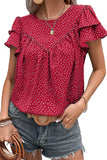 LC25126147-P3-S, LC25126147-P3-M, LC25126147-P3-L, LC25126147-P3-XL, Fiery Red Dotted Ruffle Sleeve Crew Neck Ruched Blouse